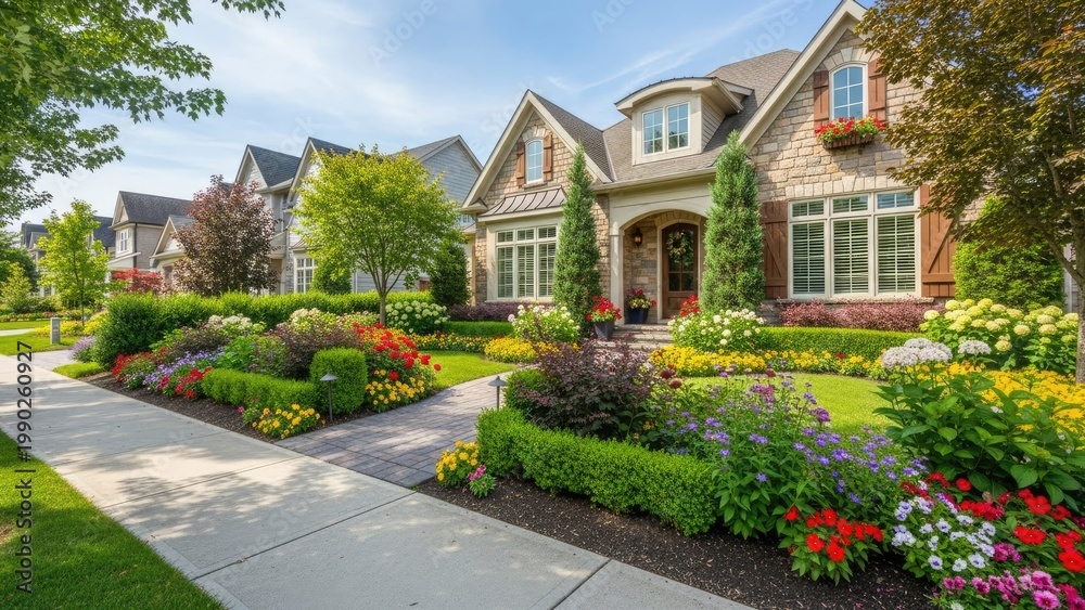 Obraz premium A beautiful suburban home with a vibrant garden and colorful flowers