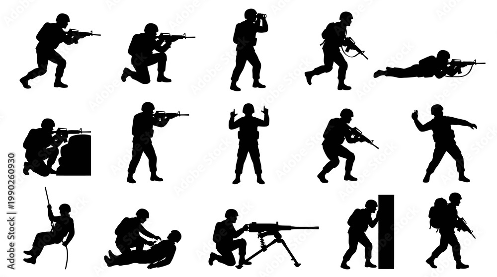 Obraz premium Silhouette of Soldiers with Weapons in Various Poses, Military Action Glyph