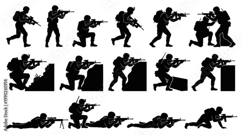 Silhouette Soldiers Action Poses Military Vector Art