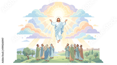 Illustration of Jesus Christ ascending into heaven with a radiant glow, surrounded by disciples in a serene landscape with trees and a vibrant cloudy sky, depicting a sacred Christian