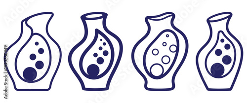 Minimalist vase line art set with abstract bubble patterns in dark blue and white colors for creative design projects.
