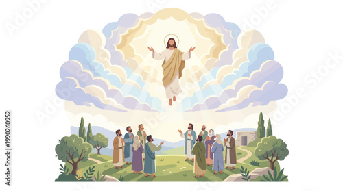 Jesus Christ ascends to heaven in a radiant cloud, surrounded by apostles in a serene landscape with trees and a distant city, symbolizing the holy ascension day.