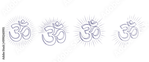 Sacred om aum symbols with spiritual light rays in hand drawn line art style set of four religious yoga icons for design.