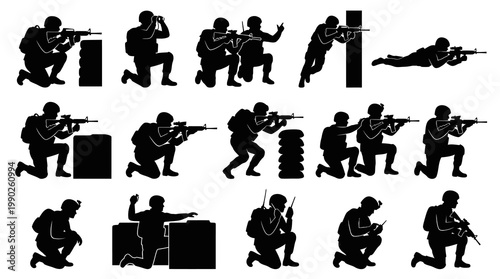 Military Army Soldiers Silhouettes with Rifles Vector Glyphs Set - Warfare  Special Forces Icons