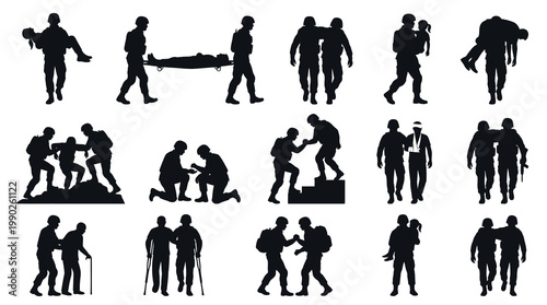 Military Rescue Silhouettes: Soldiers Helping Injured, Carrying Casualties, Support