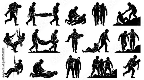 Military Rescue Operations Icons: Soldiers Aid Injured Personnel Black and White