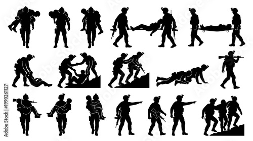 Military Rescue Silhouette Icons: Soldiers Helping Wounded Comrades