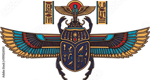 sacred Scarab egypt culture wall art design. beetle with wings Vector illustration logo, personifying the god Khepri. Symbol of the ancient Egyptians
