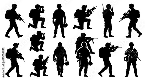 Military Soldiers Silhouettes Vector Illustration Set for Army and Warfare Concepts
