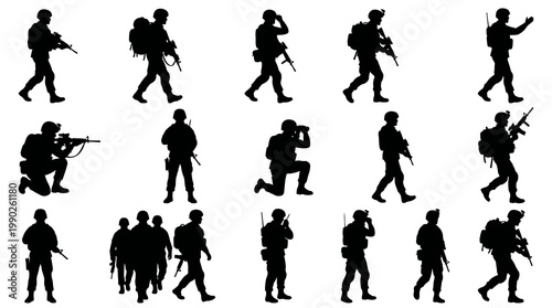 Military Soldiers Silhouettes Vector Set - Army Troops Black  White Collection
