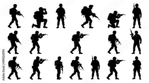 Military Soldiers Silhouettes Vector Icons Set - Army Personnel  Combat Troops