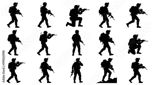 Military Soldiers Silhouette Vector Set: Army Personnel with Rifles in Various Combat Poses