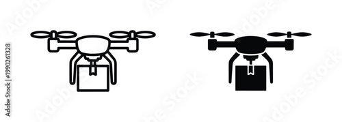 Delivery drone vector icons, unmanned aerial vehicle carrying package, quadcopter shipping service symbols in line and silhouette styles