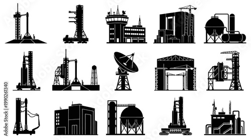 Space Industry Silhouette Icons: Rockets, Launch Pads, Control Towers, Industrial Facilities
