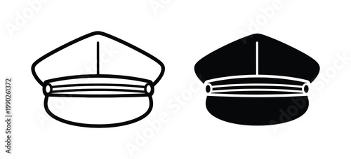 Police officer hat vector icons, black and white security guard cap set, professional uniform headwear symbols for law enforcement and aviation