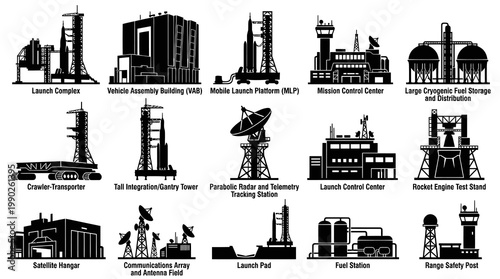 Aerospace Rocket Launch Complex and Spaceport Facilities Silhouette Icon Set