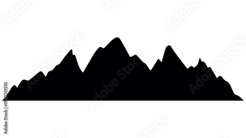 A majestic black silhouette depicting a rugged mountain range with multiple peaks and valleys, illustrating natural landscapes and adventurous outdoor environments.