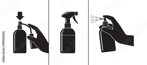Instructions for using pump spray bottle to apply liquid or cleaner with trigger nozzle and hand holding nozzle.