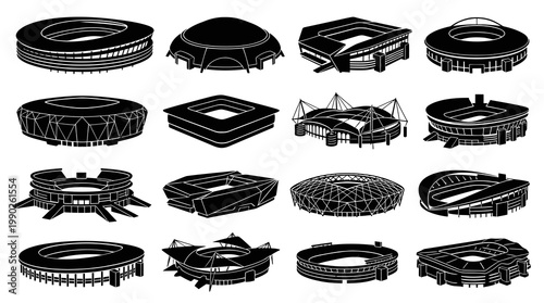 Sports Stadiums and Arenas Architecture Black  White Vector Glyphs Icon Set