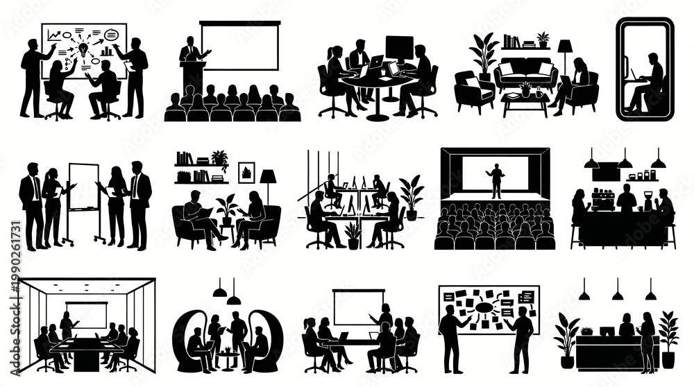 Obraz premium Business Meeting Silhouettes - Diverse Office Presentation Scenes