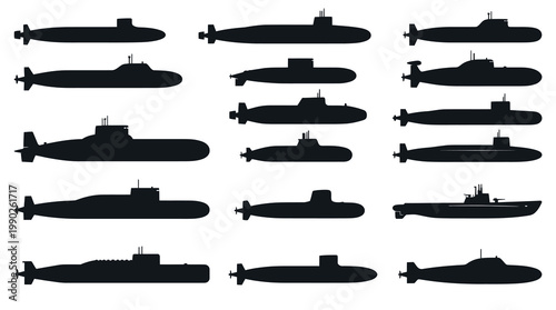 Black  White Vector Silhouettes of Various Submarine Types