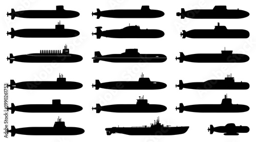 Silhouette Icons of Various Submarines, Naval Technology, Vector Art