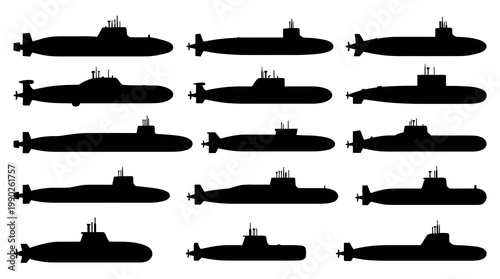 Black and white silhouette collection of different submarines, vector art