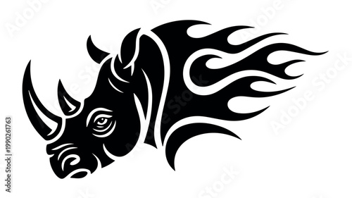 A fierce and dynamic black tribal tattoo design of a rhinoceros head and body, stylized with powerful flames emanating from its back, creating an impression of speed and strength.