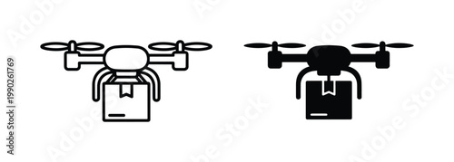 Modern delivery drone icons, quadcopter carrying package vector set, black silhouette and outline aerial shipping drone symbols for logistics