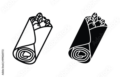 Minimalist burrito wrap icons, black and white tortilla roll vector set, hand drawn mexican food illustrations for restaurant menus and signage