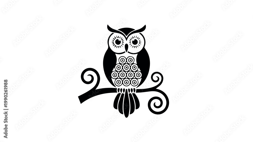 Fototapeta premium An elegant black silhouette of a wise owl perched serenely on a decorative tree branch, featuring intricate patterns on its body, against a clean white background.