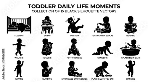 Toddler Daily Life Moments Black Silhouette Vectors - Children's Activities  Parenting Icons