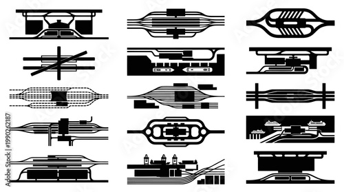 Transportation Infrastructure  Urban Planning: Black  White Schematic Glyphs Set