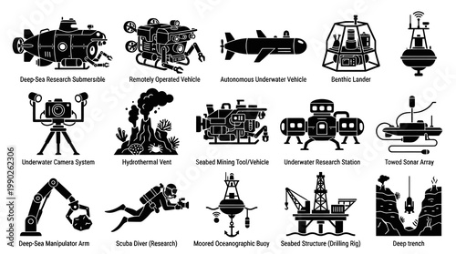 Underwater Exploration Technology Icons - Black and White Glyph Set