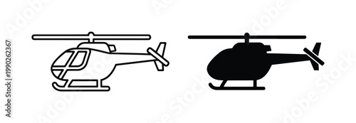 Helicopter icon set in outline and silhouette styles, black chopper vector graphics, aviation transport symbols for logistics and travel design