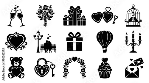 Romantic Love Icons Set: Hearts, Gifts, Roses, Couple, Cupcake, Black Glyph Style