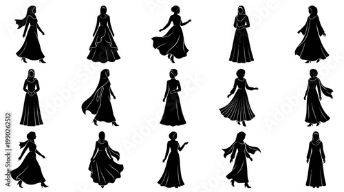 Black  White Silhouette Islamic Women Fashion Vector Set