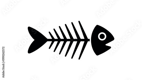 A clear and detailed black silhouette of a fish skeleton, showcasing its distinct bone structure and fins, presented against a clean white background.