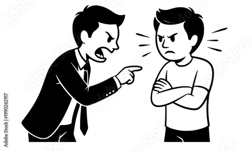 Black and white cartoon illustration of an angry boss or adult man scolding and pointing finger at a defiant young person with crossed arms, ideal for conflict, parenting, and workplace themes