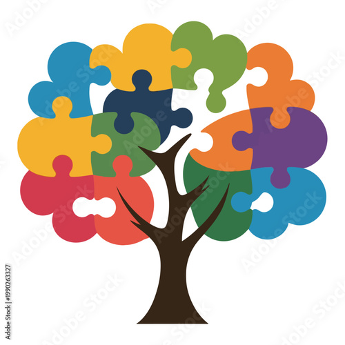 Colorful Puzzle Tree Symbolizing Unity and Diversity.