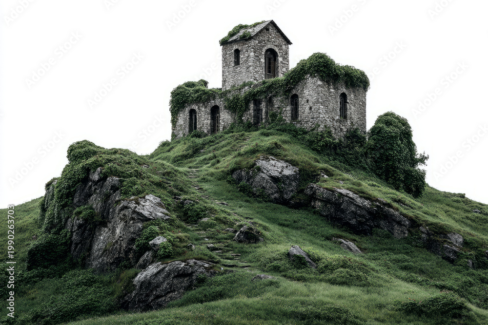 Naklejka premium Medieval Stone Tower Ruins on Rocky Hill