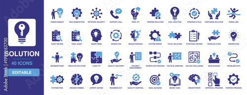 Solution icon set including solid glyph graphics for idea generation, network security, process cycle, workflow, system error, team solution, creative logic, and project management.