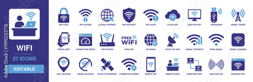 WiFi icon set featuring glyph solid designs of wifi lock, access, global internet, security, alert, cloud, router, signal tower, satellite dish, modem, and phone connection.