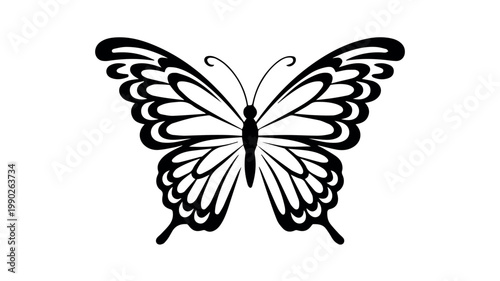 A delicate and intricate butterfly with beautifully patterned wings is presented in a elegant black silhouette, symbolizing nature's beauty, transformation, and freedom.