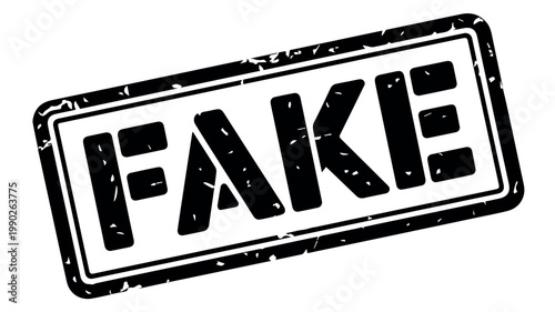 A bold and grungy rectangular rubber stamp with the word "FAKE" prominently displayed in capital letters, signifying misinformation, deceit, or unauthenticity.