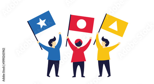 People holding colorful demonstration flags.