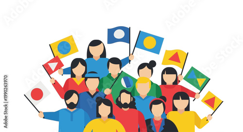 Diverse group of people holding flags.