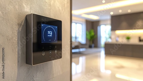 Modern Smart Home Thermostat Displaying Temperature on a Textured Wall.