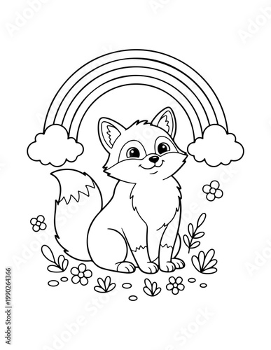 Cute cartoon fox, rainbow, clouds, flowers, coloring book page, vector illustration, kids activity, educational, black and white