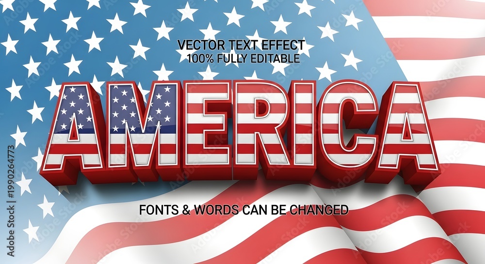 America 3d vector text effect with american flag texture and wavy flag background